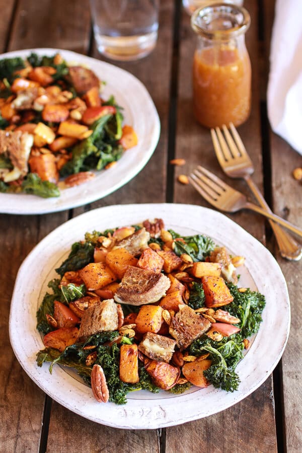 Crispy Kale Roasted Autumn Salad with Brie Grilled Cheese Croutons