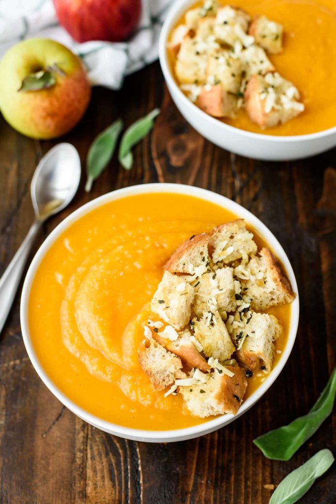 Simple and delicious Butternut Squash Apple Soup with Parmesan Croutons