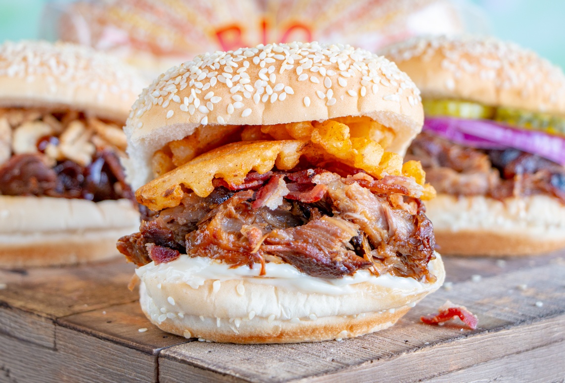 Baby Back Rib Sandwich with bacon and fries