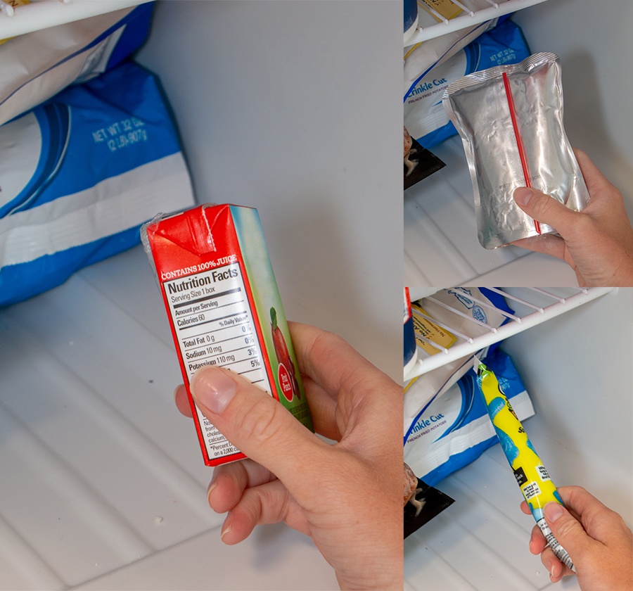 Lunchbox Hack 8; Collage image of a juice box, drink pouch, and yogurt tube being placed into freezer
