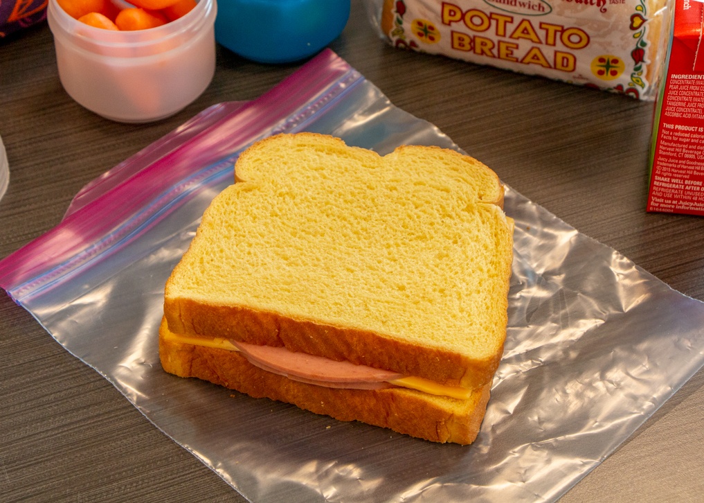Lunchbox Hack 6; Bologna and Cheese Sandwich on plastic sandwich bag
