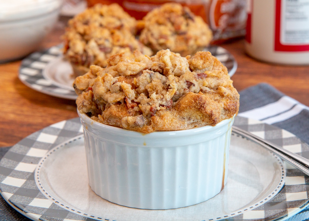 Peanut Butter Banana Bread-Pudding with Maple Bacon Streusel