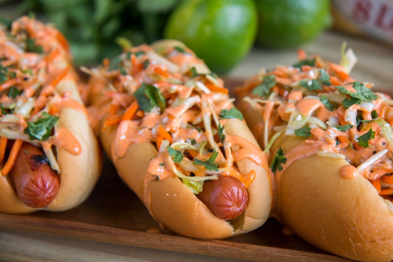 Hot Dogs with Cucumber-Mango Slaw and Homemade Srirachup - Domesticate ME