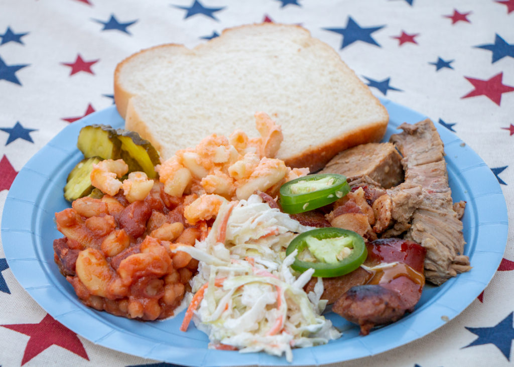 BBQ Platter with Beef Brisket, Kielbasa, Cole Slaw, Baked Beans, Mac and Cheese, Butter Bread