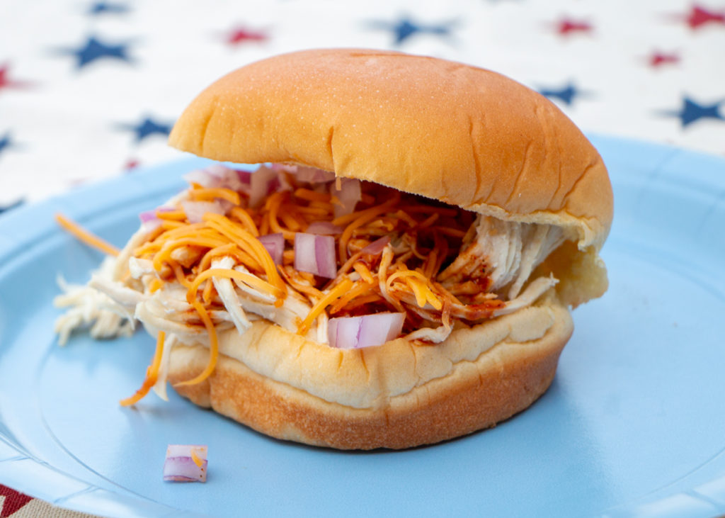 BBQ Pulled Chicken Sandwich with Cheese and Onions