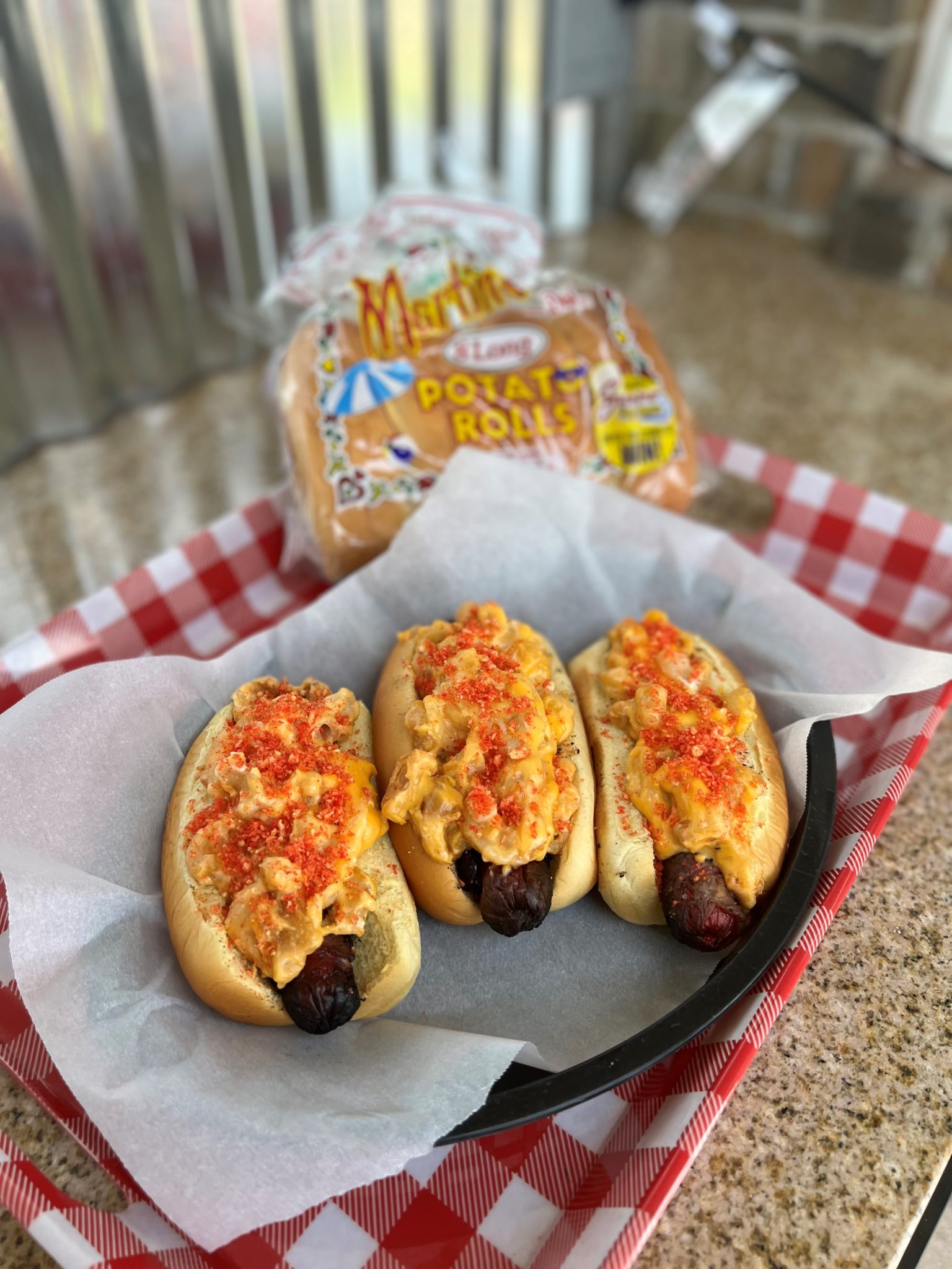 Bacon Wrapped Mac and Cheese Dogs (2) Martin's Famous Potato Rolls