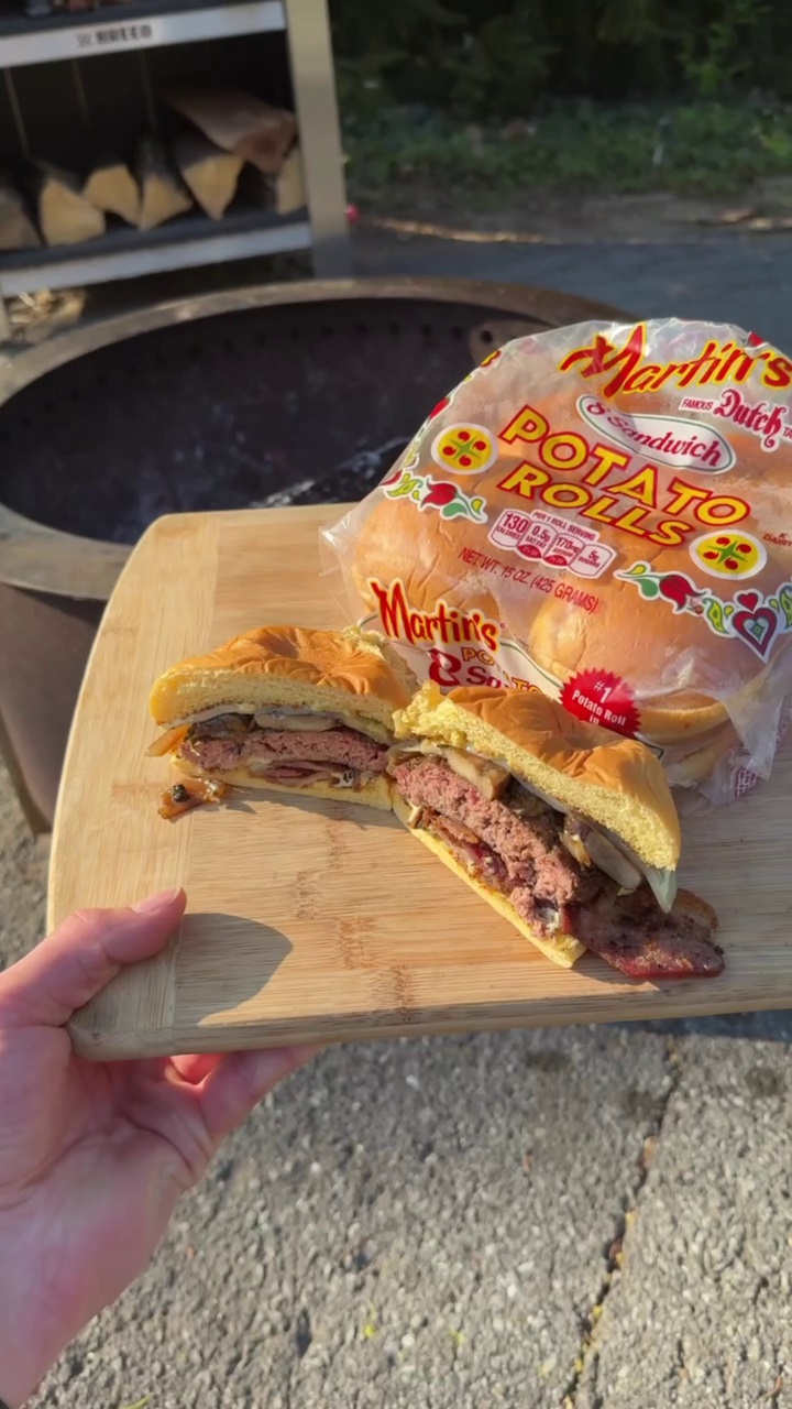 Fire-Grilled Bacon Mushroom Swiss Burgers - Martin's Famous Potato Rolls and Bread