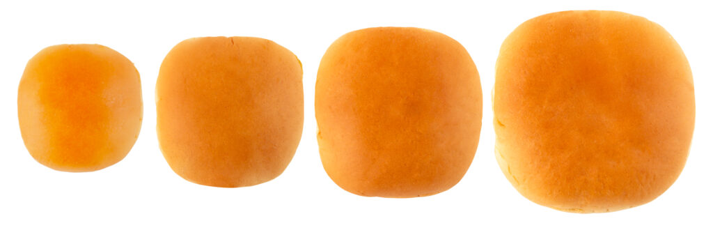 Side by side comparison of Martin's Slider Potato Rolls, Sandwich Potato Rolls, 4-Inch Potato Rolls, and Institutional 5-Inch Potato Rolls (top down view)