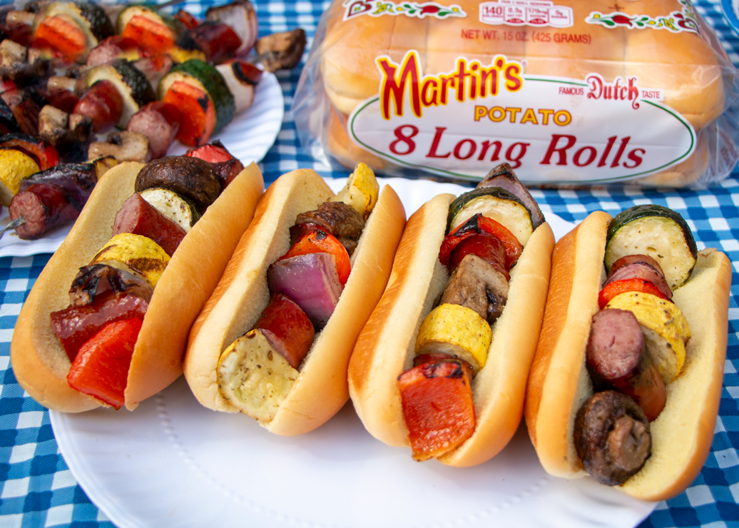 Grilled Brat Kabobs with Marinated Vegetables