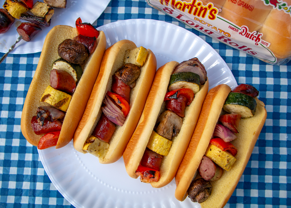 Grilled Brat Kabobs with Marinated Vegetables