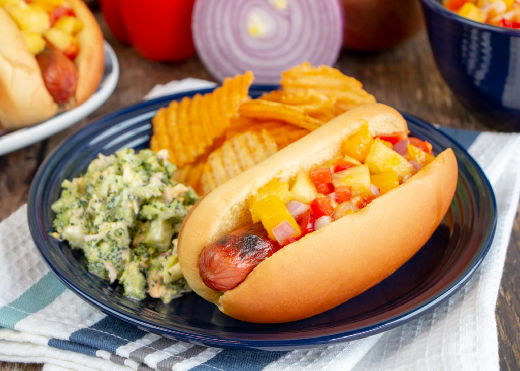 Hot Dogs with Mango Pineapple Salsa