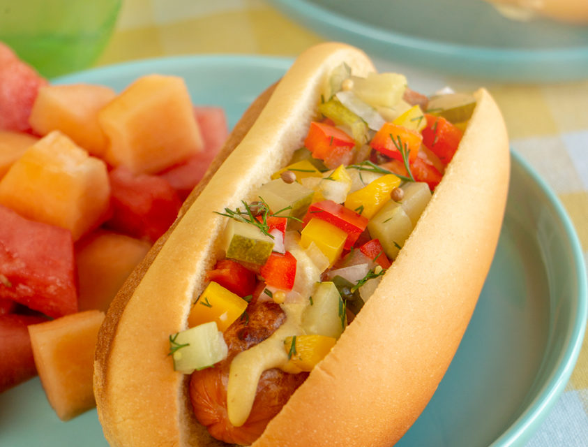 Hot Dogs with Cucumber-Mango Slaw and Homemade Srirachup