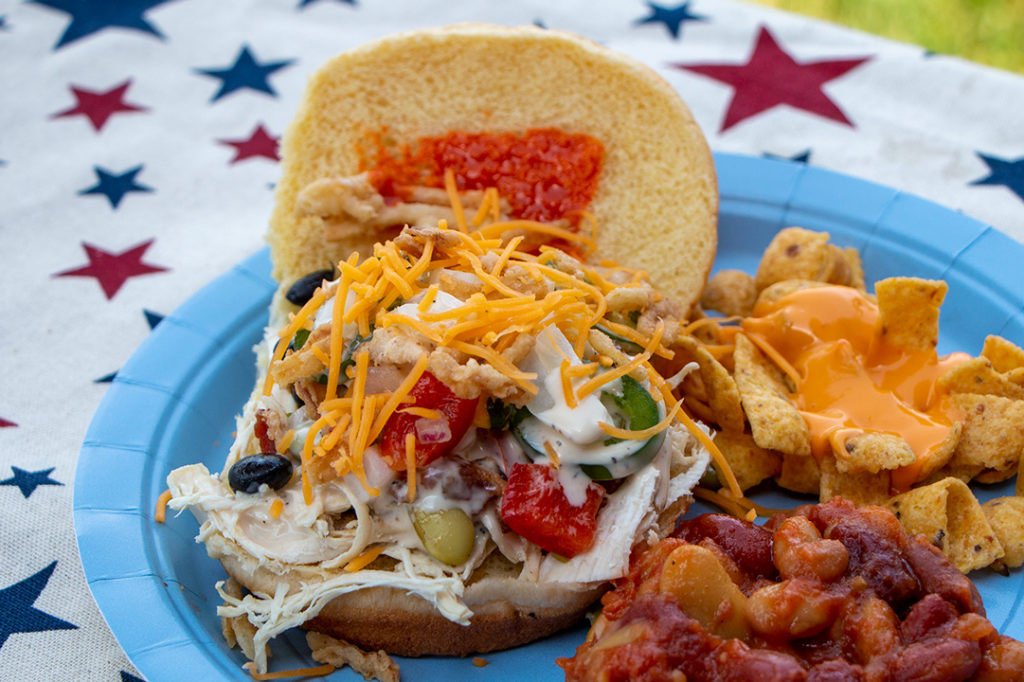 Pulled Chicken Sandwich with Corn Salad, Cheese, White BBQ Sauce