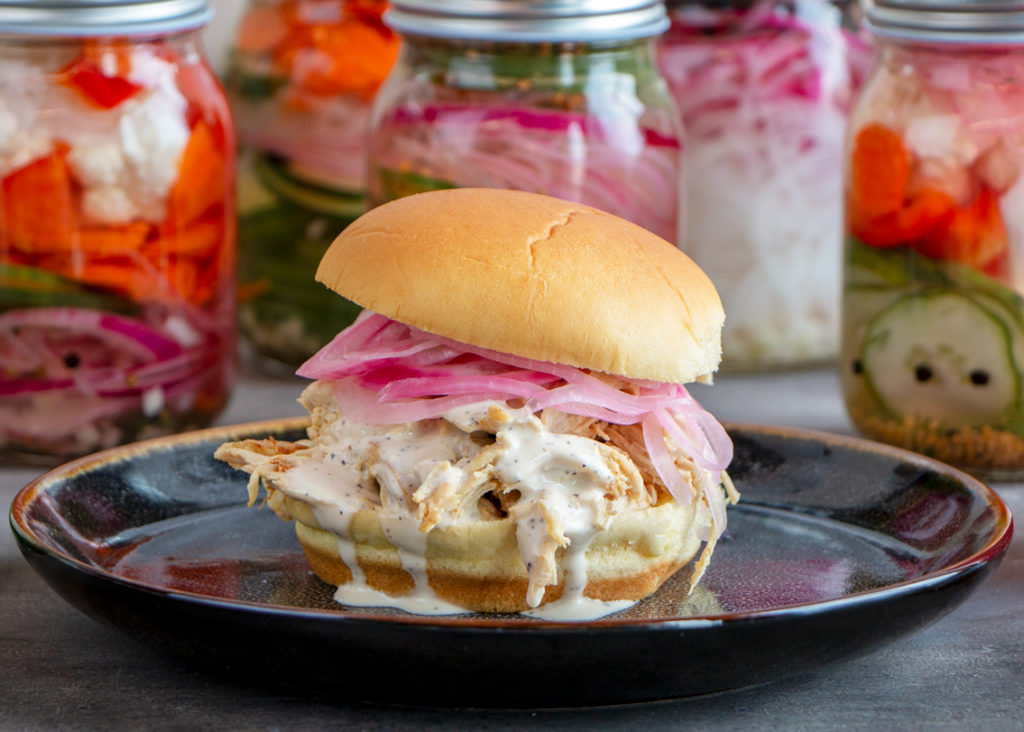 Alabama Pulled Chicken Sandwich with Pickled Onions