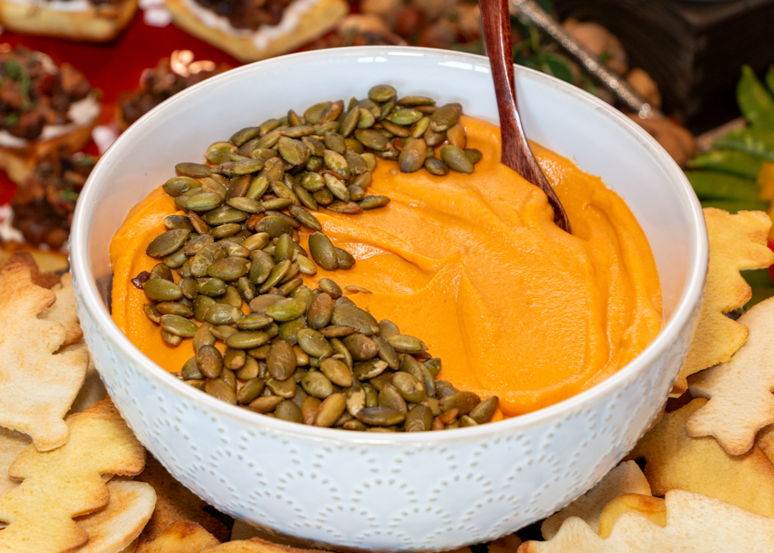 Sweet Potato Hummus with Bread Crackers Martin's Famous Potato Rolls