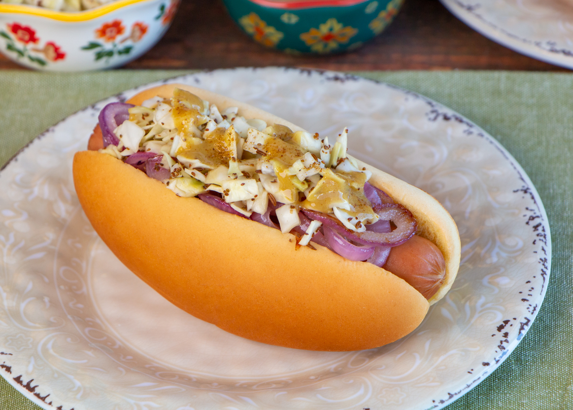 Ultimate Gourmet Hot Dog: Mustard Aioli, Pickled Onions