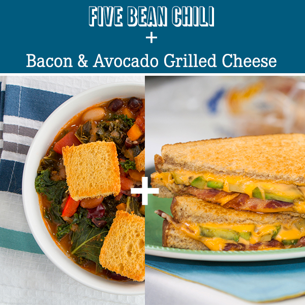 chili with avocado & bacon grilled cheese